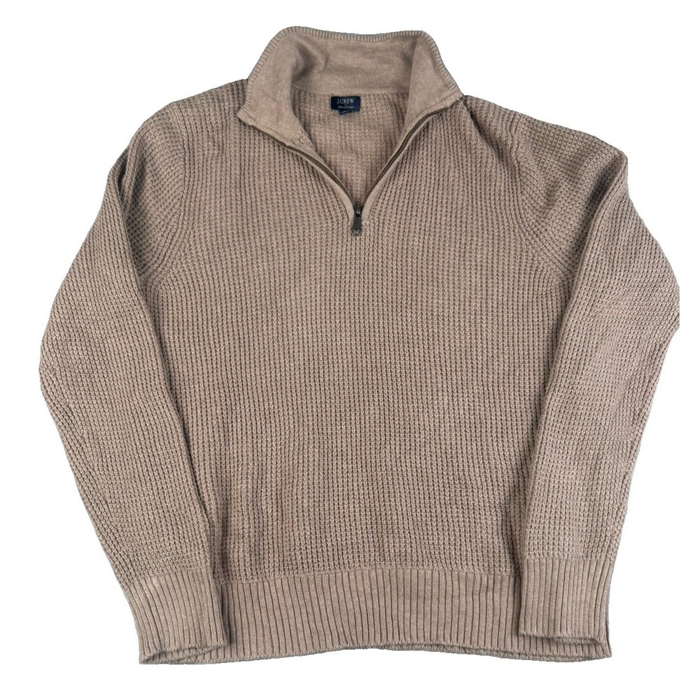 J Crew Mens M Sweater 100% Cotton Waffle Knit Quarter Zip Pullover Tan Brown